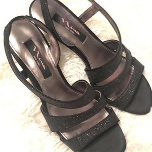 Nina Black Strappy Dress Heels with Gold Flecks